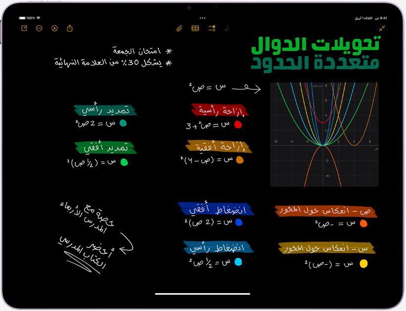 iPad Air في الوضع الأفقي وتعرض شاشته الملاحظات الحسابية‏