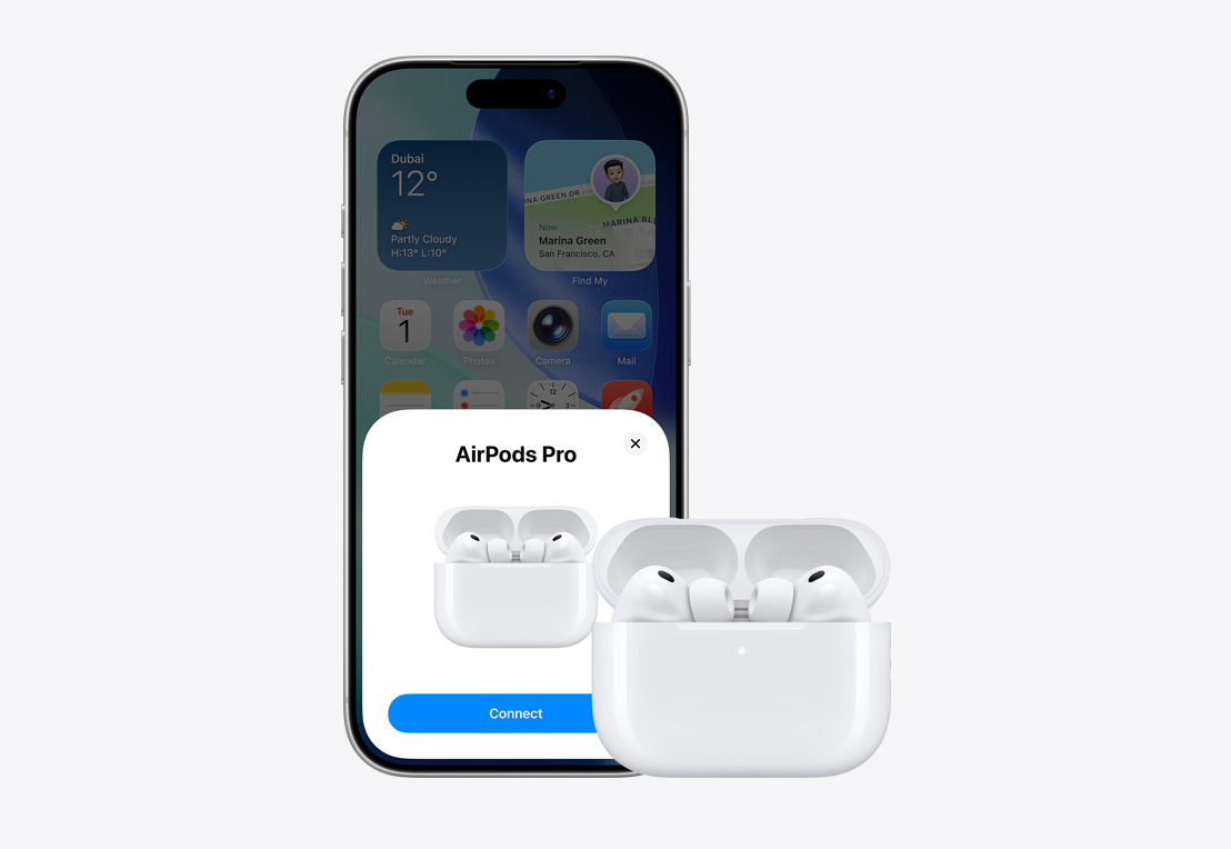 iPhone front exterior, AirPod connection pop-up on screen, AirPods in open case next to iPhone