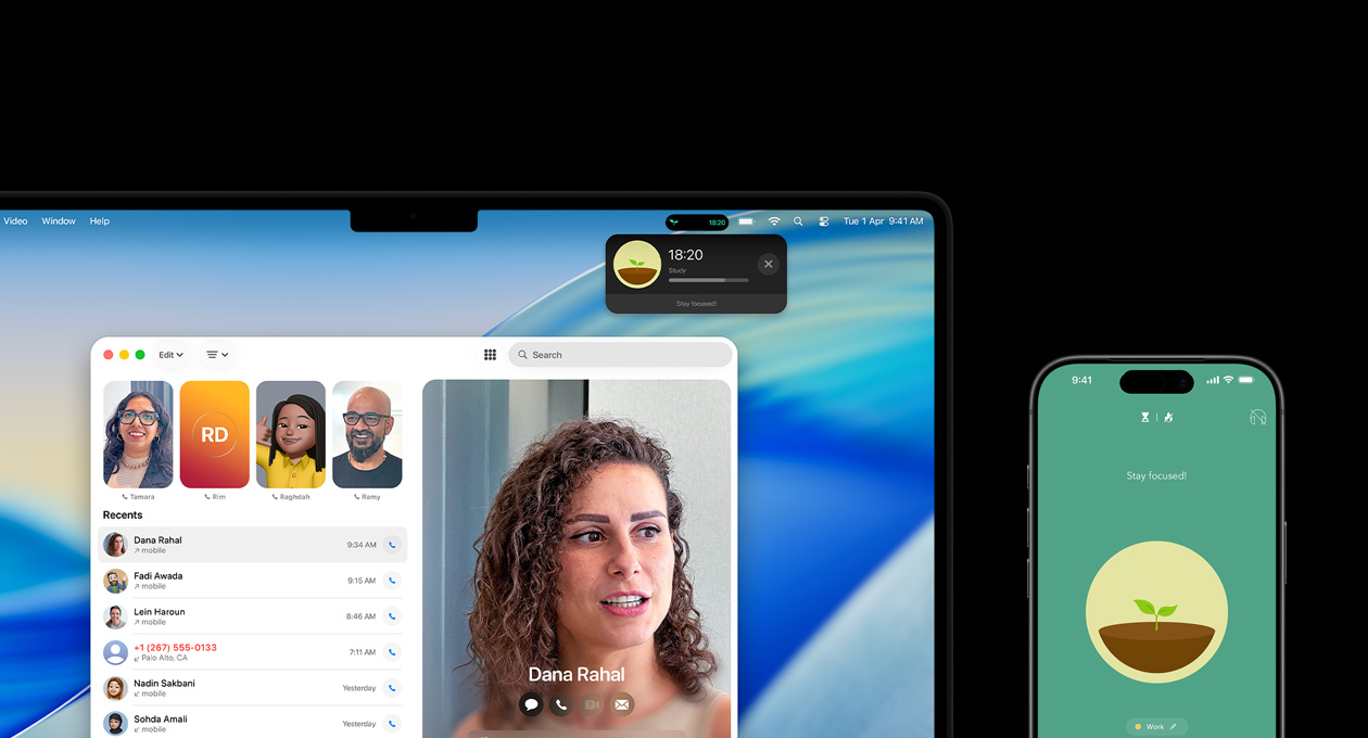 A MacBook Pro and iPhone side by side, MacBook Pro screen displays the Phone app and Live Activities from the Forest app, iPhone shows the Forest app