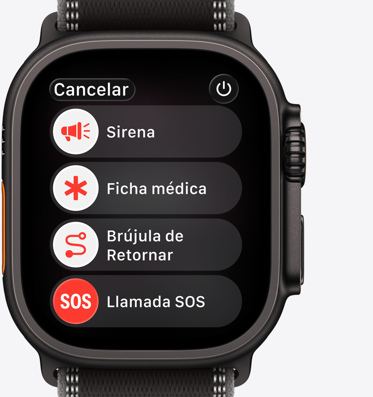 Apple Watch Ultra 3, caja de titanio, negro, opciones de ayuda ante una emergencia en pantalla: Sirena, Ficha Médica, Brújula de Retornar, llamada de emergencia