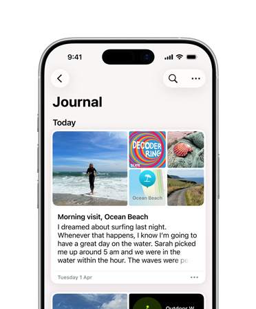 Journal app open to daily journal entry, pictures of a beach day and text about dreams on iPhone