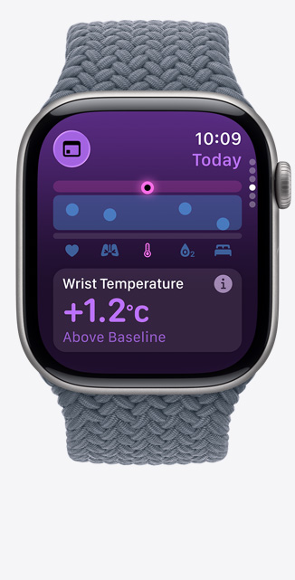 Apple Watch Series 11, aluminium case, space grey colour, Vitals app, chart scoring health, wrist temperature above baseline notification, right side, Digital Crown, anchor blue Braided Solo Loop