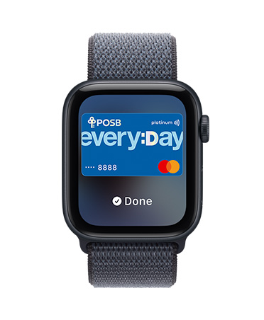 Apple Watch SE 3, aluminium case, midnight colour, Apple Pay in Apple Wallet, right side exterior, Digital Crown, strap, Sport Loop, anchor blue colour