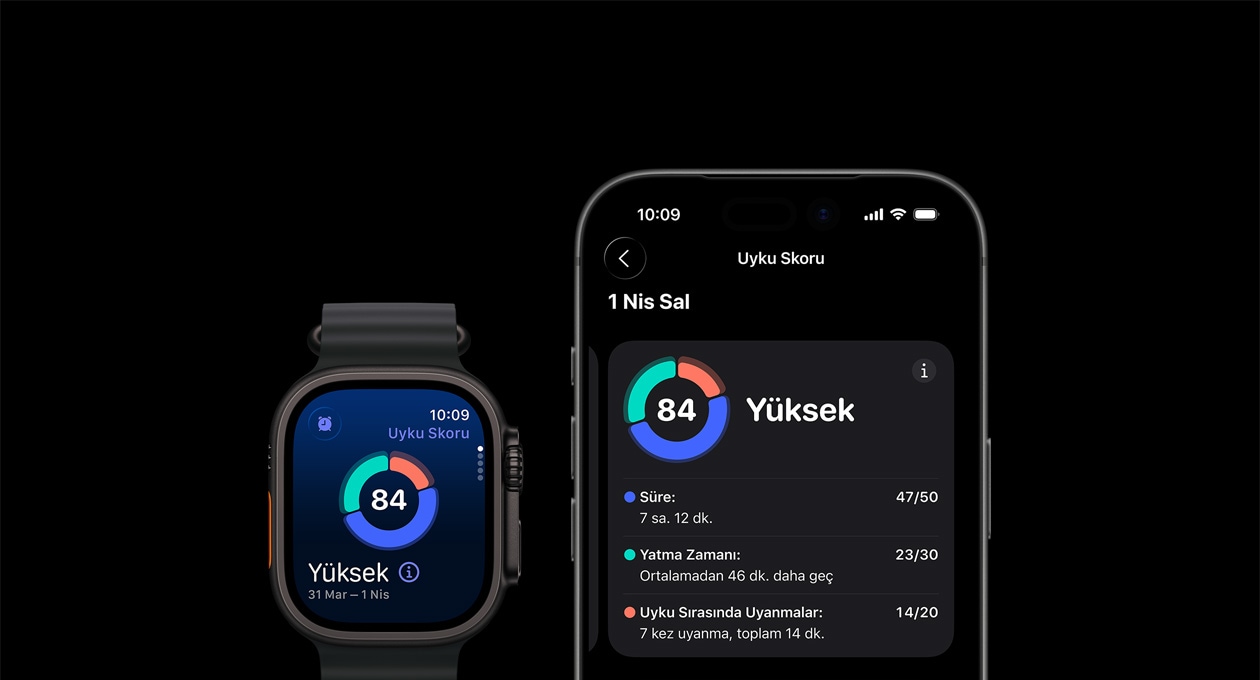 Apple Watch Ultra 3 ekranında dairesel uyku skoru grafiği ve değerlendirmesi, detaylı analiz saatle eşleştirilmiş iPhone’da açık