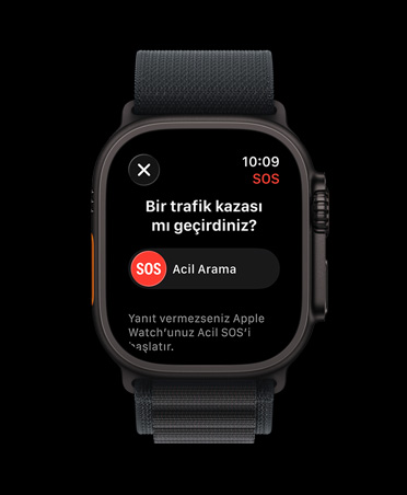 Apple Watch Ultra 3, siyah renk, titanyum kasa, trafik kazası algılama bildirimi, acil durum araması yazısı, Alpine Loop, siyah renk