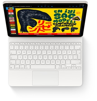 Top down view of iPad Air with Magic Keyboard for iPad Air in white.