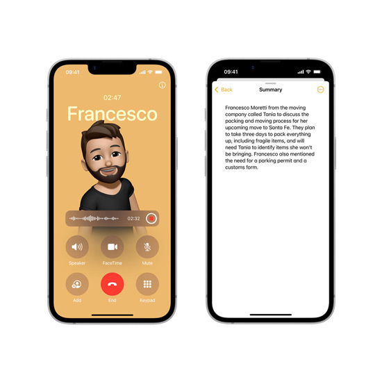 iPhone 16e screens with a summary of a phone call shown in the notes app generated by Apple Intelligence.