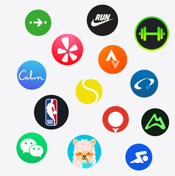 Apple Watch app icons: ChargePoint, Yelp, Nike Run Club, SmartGym, Calm, NBA, SwingVision, Oceanic+, WeChat, Waterllama, Golfshot, JetBlue, AllTrails