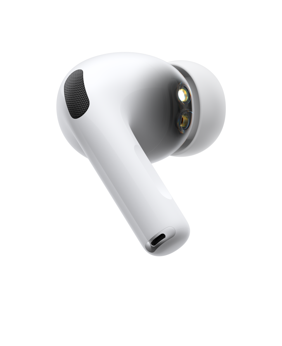 AirPods&nbsp;Pro&nbsp;3، سماعة رأس لاسلكية، لون أبيض، الجزء الجانبي الخارجي، جذع أنبوبي قصير، ميكروفون لإلغاء الضجيج، رأس من السيليكون، موجة صوتية نابضة