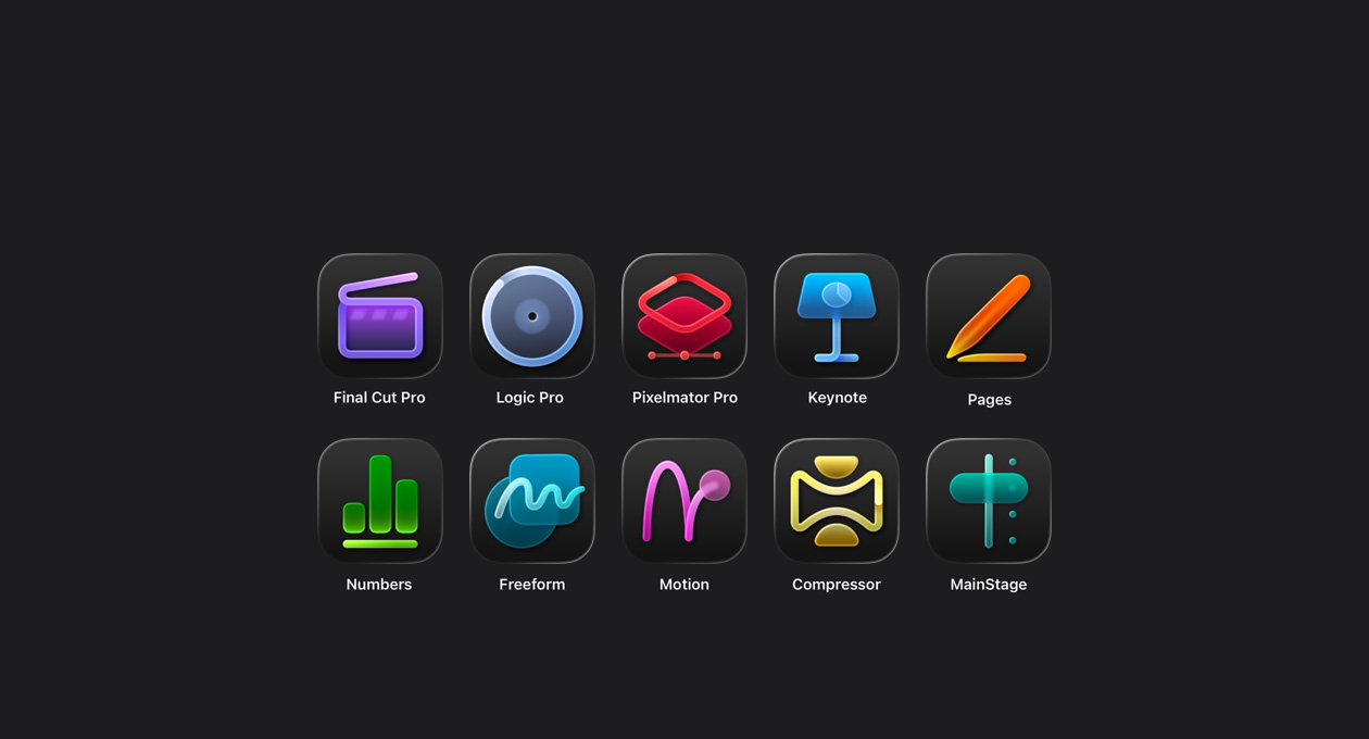 Apple Creator Studio app icons, Final Cut Pro, Logic Pro, Pixelmator Pro, Keynote, Pages, Numbers, Freeform, Motion, Compressor, MainStage