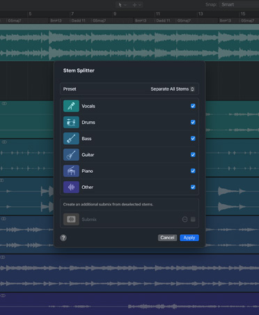 Logic Pro interface, Stem Splitter with options for vocals, bass, drums, guitar, piano and other