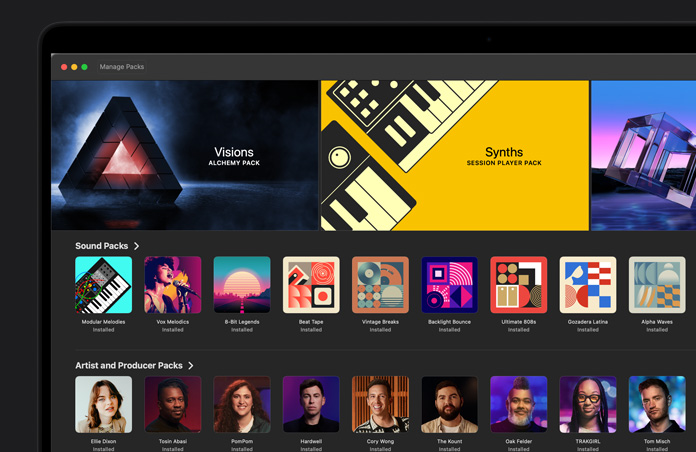 MacBook Pro 16 screen, Logic Pro Sound Library, Visions Alchemy Pack, Synths Session Player Pack, Visions Alchemy Pack, row of Sound Packs, row of Artist and Producer Packs, row of Instrument packs