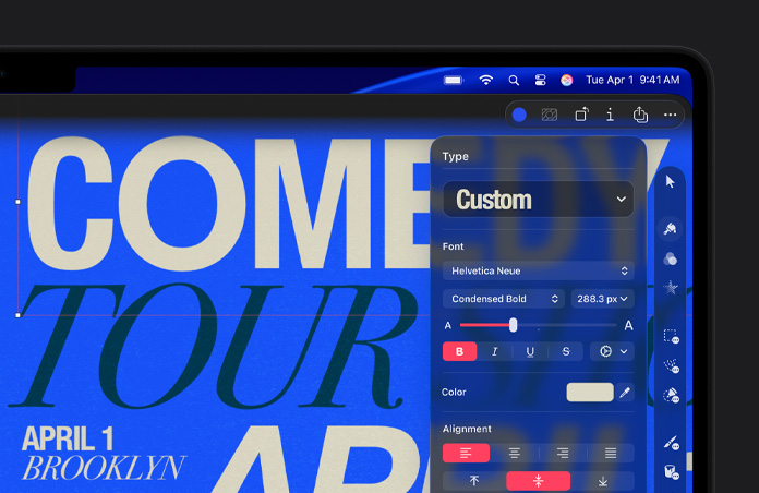 Pixelmator Pro workspace with white and black typography on a blue background, toolkit bar to the right