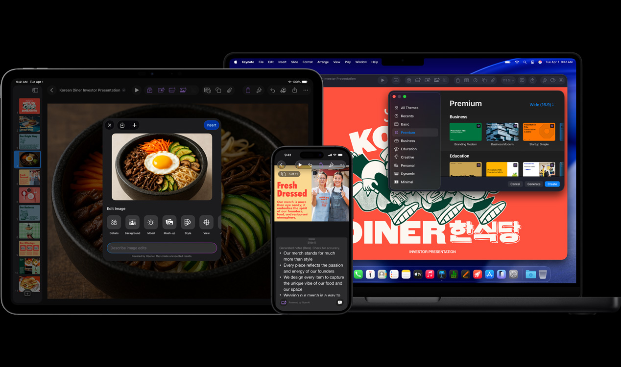 iPad Pro 13 screen showing Keynote with generative imagery of a bowl of vegetables and a fried egg; iPhone 16 screen showing Keynote with a photo of two women and presenter notes; MacBook Pro 16 screen showing Keynote of a presentation with the Theme window open