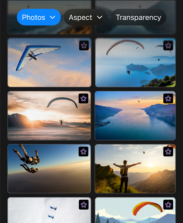 Screen with eight images of paragliders mid-air, buttons on top for Photos, Aspect and Transparency