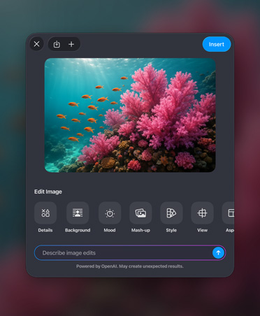 Generate image window, a colourful coral reef image, edit image tools, insert button, describe image edits bar at the bottom