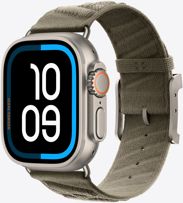 Apple Watch Hermès Ultra 3, caja de titanio, color natural, correa En Mer, color Gris Titane