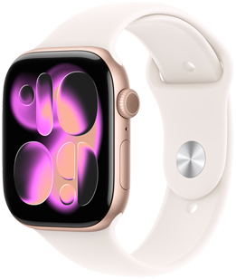 Apple Watch Series 11, värinä ruusukulta, alumiinikuori, reagoiva taidekellotaulu, näkymä oikeasta sivusta, Digital Crown, mikrofoni, sivupainike, urheiluranneke, värinä punanhäivä, hopeanvärinen nastakiinnitys