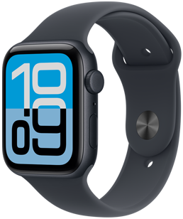 Apple Watch SE 3, aluminijsko kućište ponoćno crne boje, brojčanik Tok, vanjska desna strana, Digital Crown, mikrofon, bočna tipka, sportski remen ponoćno crne boje, ponoćno crna kopča s jezičcem