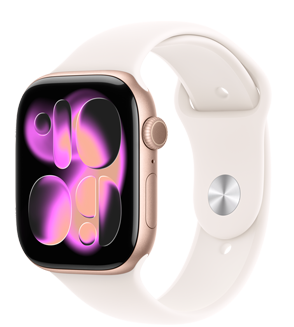 Apple Watch Series 11, kleur roségoud, kast van aluminium, wijzerplaat Responsive Art, rechterkant, Digital Crown, microfoon, zijknop, sportbandje, kleur rosé