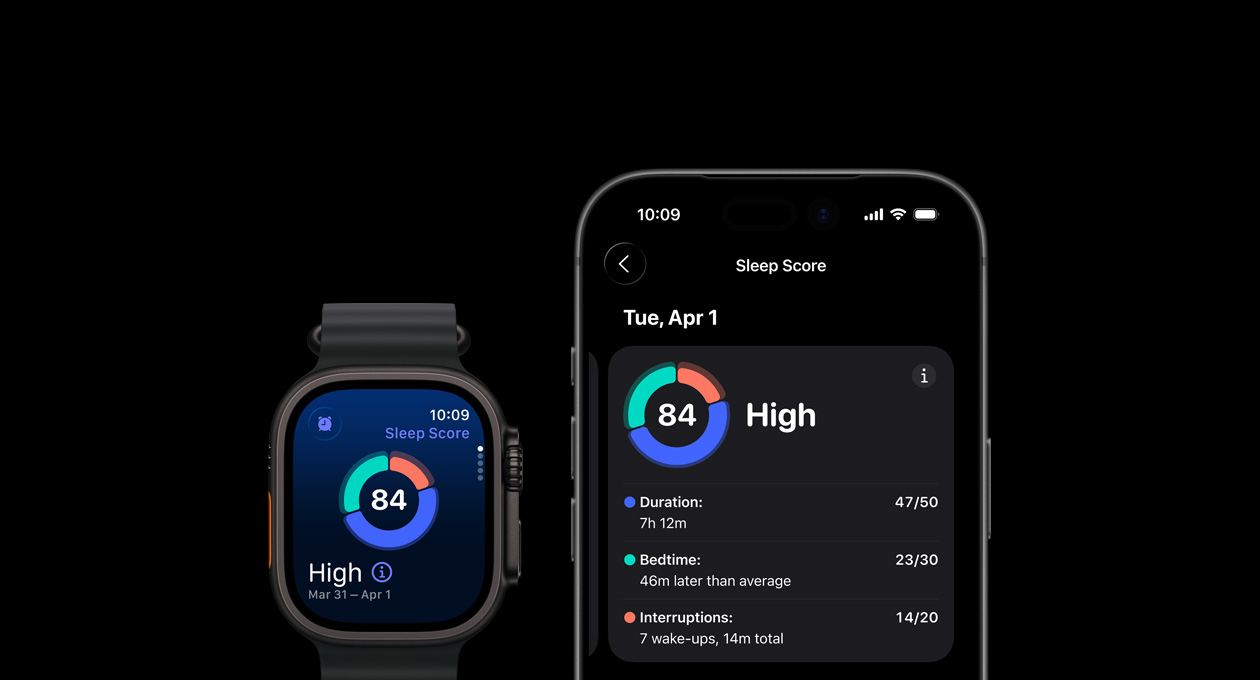 Cirkeldiagram van slaapscore op Apple Watch Ultra 3, uitgebreide analyse op gekoppelde iPhone