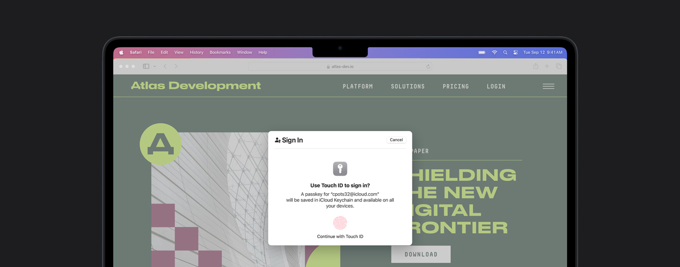 Mac ekranında Touch ID penceresi. Pencerenin arkasında bir sunum görünüyor.