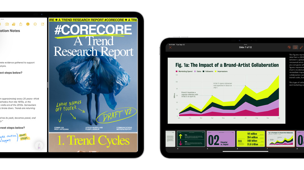 Notlar uygulaması ve bir sunum birden fazla ekranda gösteriliyor.