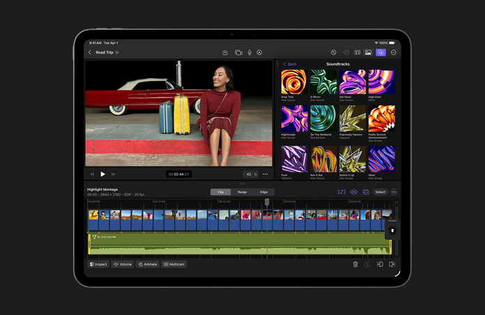 Screen showing UI of a montage of a woman sitting on the sidewalk with a classic car behind her and luggage next to her, montage slides below, sound editing bar at the bottom of screen