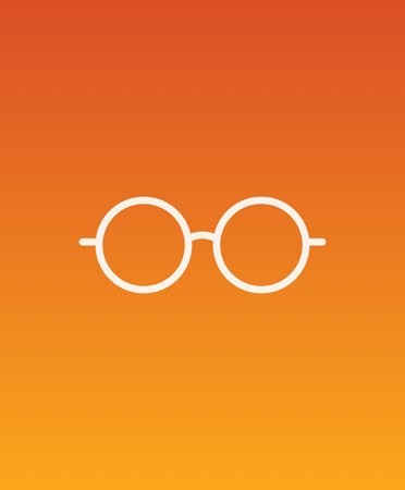 Dark gradient orange card, white glasses icon in centre