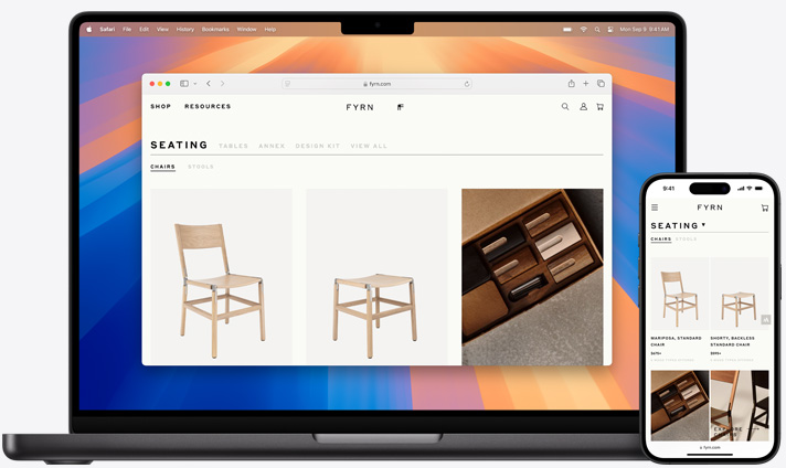 Macbook 及 iPhone 的螢幕顯示，兩部裝置正開啟同⼀個 Safari ⾴⾯