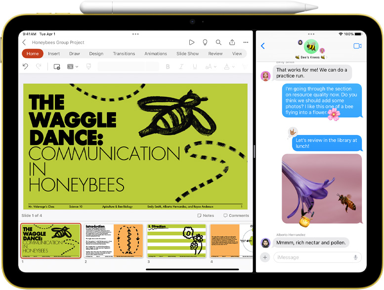 A Powerpoint és az Üzenetek osztott nézete egy iPaden, melyhez egy Apple Pencil mágnesesen csatlakozik.