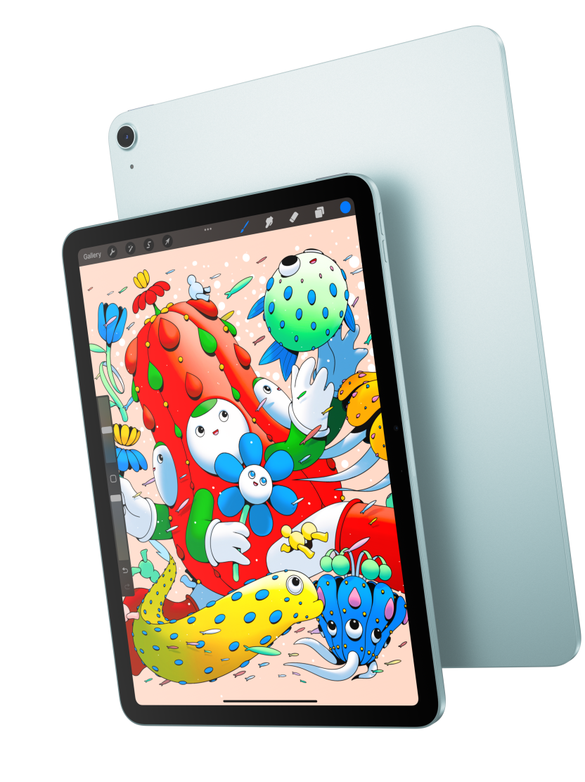 Front exterior, iPad Air showcasing the 11 inch model displaying Procreate and overlapping the back exterior of a blue iPad Air