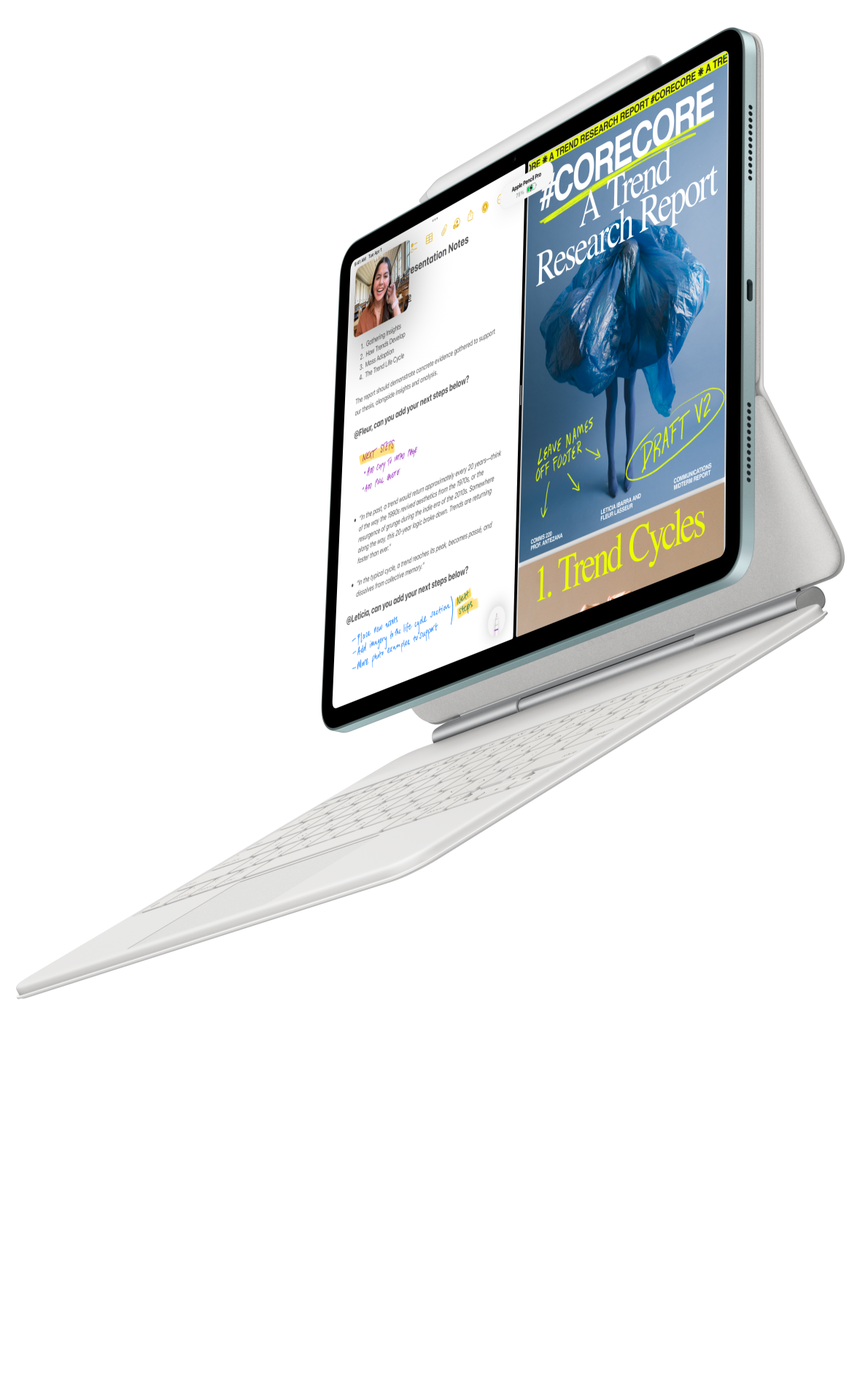 iPadu Air s přicvaknutým Magic Keyboardem k iPadu Air a Apple Pencilem Pro