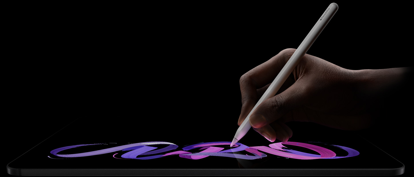 iPad Pro, front exterior, landscape orientation, side profile, space black colour, hand holding Apple Pencil Pro, white, drawing abstract purple and pink design on display
