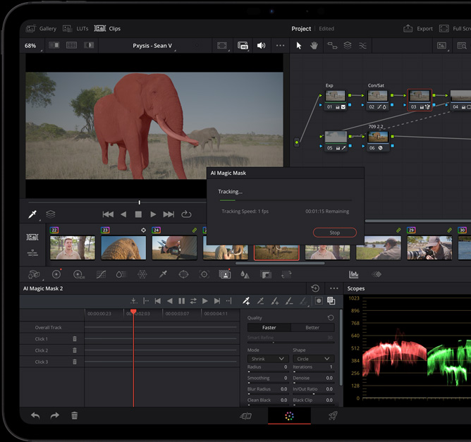 iPad Pro, front exterior, space black colour, display showing video editing app with timelines and controls, AI Magic Mask tool tracking in progress, applying special effects to a clip of elephants