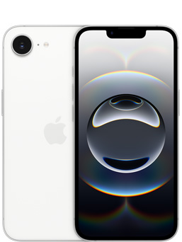 Framsidan av en vit iPhone 16e och en del av baksidan av en iPhone 16e med kameran i bild.