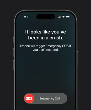 „iPhone 17 Pro“, šoninės pusės dalis, užapvalinti kampai, naudojama avarijos aptikimo funkcija