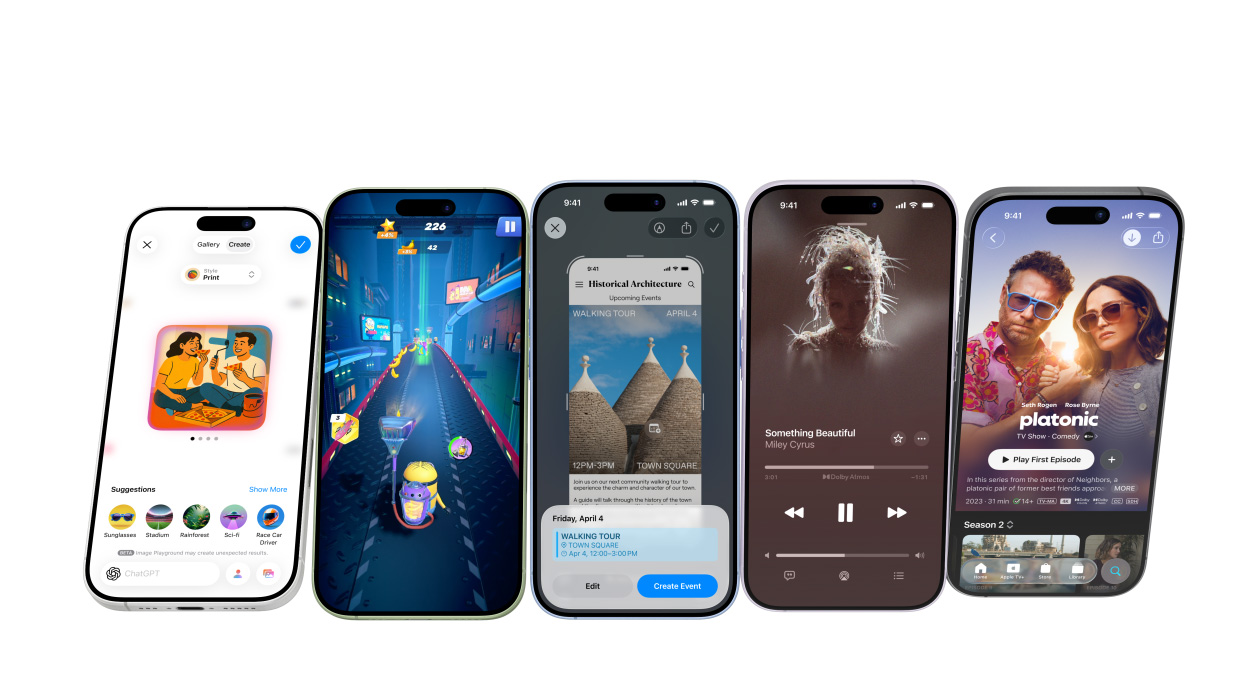 أجهزة iPhone 17 بألوان مختلفة، شاشات تعرض تطبيقات متنوعة