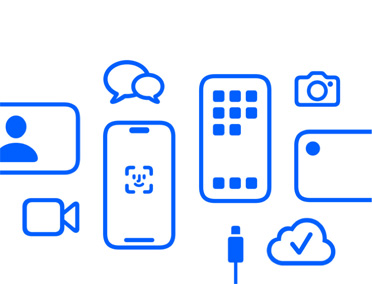 أجهزة Apple وميزاتها، iCloud، iPhone مع بصمة الوجه وكابل الشحن، الكاميرا، المراسلات، الرسائل