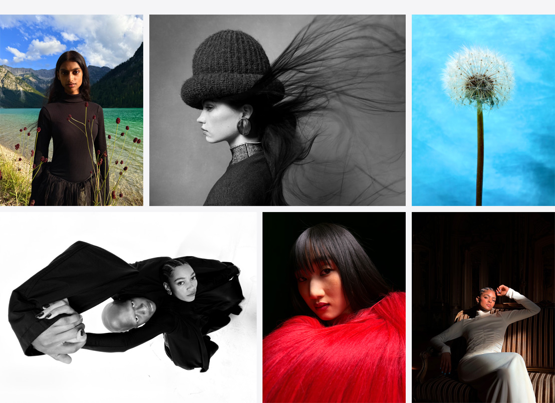 Series of iPhone photos, person standing in front of flowers, water, and mountains, black and white profile of person wearing a hat with hair flowing, dandelion up close with sky in background,  overhead black and white view of two people standing together with hands clasped, portrait of person with red clothing, person leaning back in chair with dimmed lighting