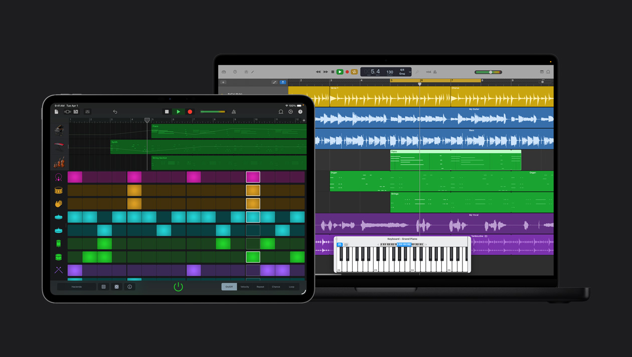 iPad Pro 13 screen showing workspace with instruments panel on the left and corresponding colours and audio waves next to them, MacBook Pro 16 screen showing rows for different instruments with different colour soundwaves, grand piano keyboard at the bottom