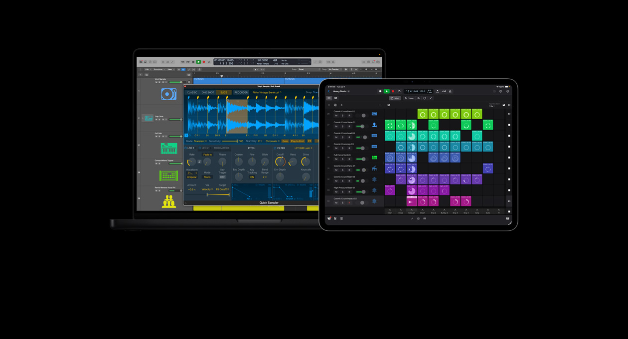MacBook Pro 16 screen showing quick sampler module, vinyl sample, audio wave forms and controls, iPad Pro 13 screen showing beat-making tools, colourful grid of live loops and phrases