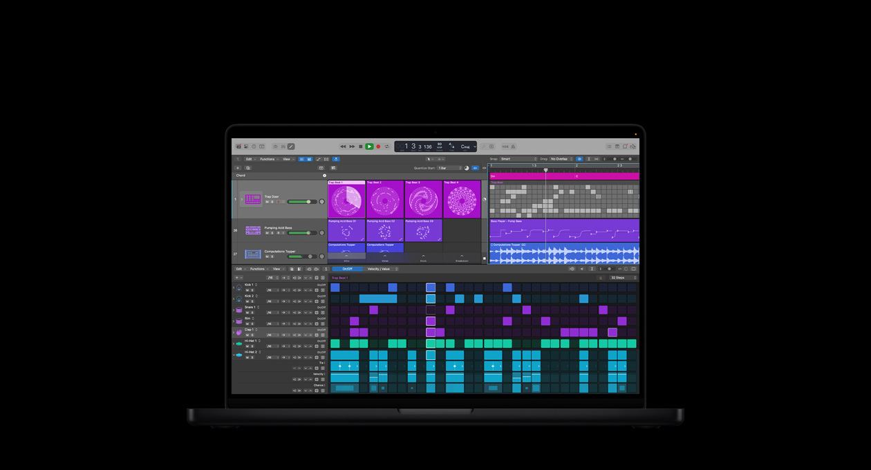 MacBook Pro 16 screen showing Logic Pro mixing board with purple and pink squares representing different audio layers and sounds, and beat making tools with different colour blocks representing different percussion instruments at the bottom.