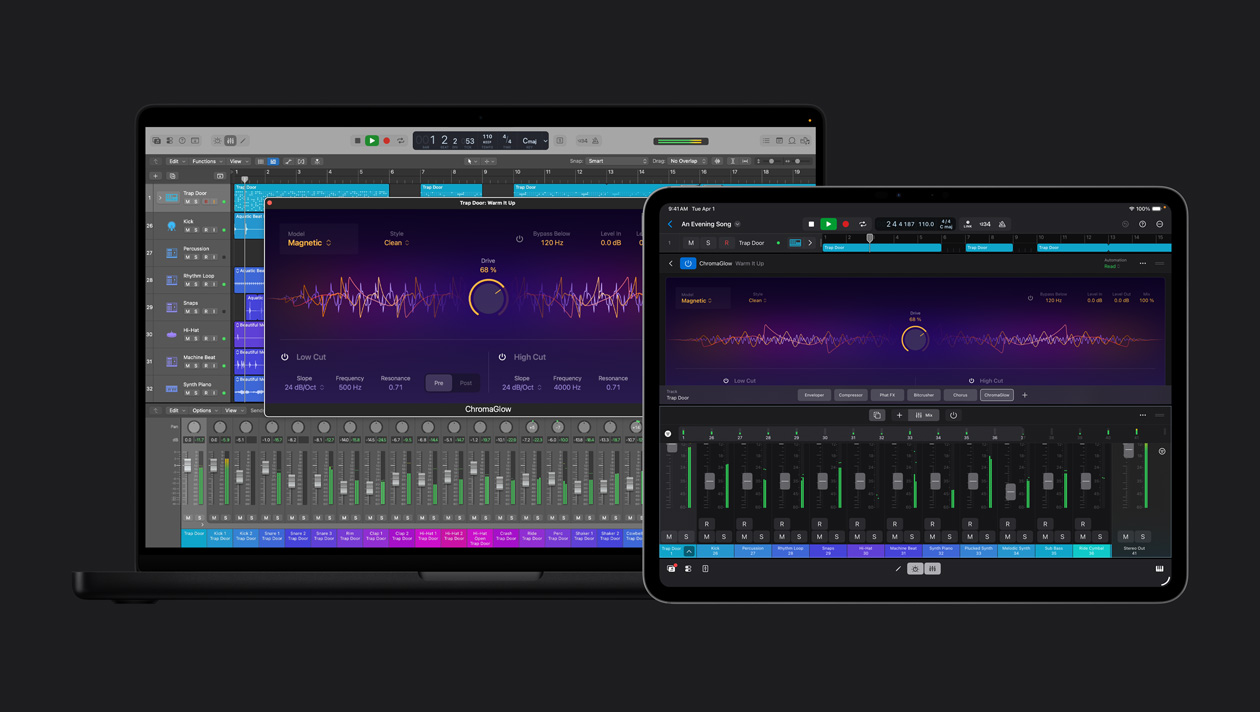 iPad Pro 13 workspace showing soundwaves on top with adjustment dial at the centre, track options, instrument controls at the bottom, MacBook Pro 16 screen showing workspace with loop and instrument panel on the left, ChromaGlow window open, audio controls at the bottom