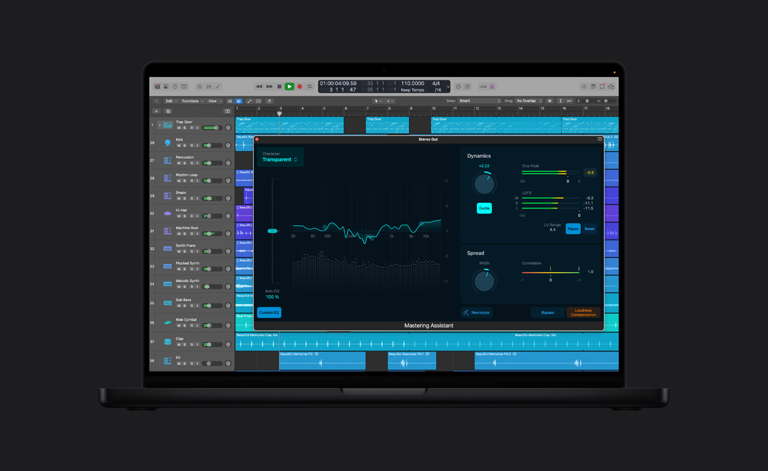 MacBook Pro 16 screen showing Mastering Assistant, Stereo Out window with Custom EQ graph on the left, analysed Dynamics and Spread, and adjustments on the right