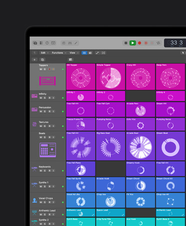 MacBook Pro 16 screen showing controls and effects, left panel with Toppers, Infinity, Percussion, Textures, Beats, Keyboards, Synths 1, Vocal Chops, Anthemic Lead, Synths 2, Synths 3, each row is categorised by colour and shown on the right