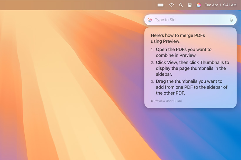 Iššokęs „Siri“ tekstas informuoja, kad vartotojas ieškojo, kaip sujungti daug PDF failų.