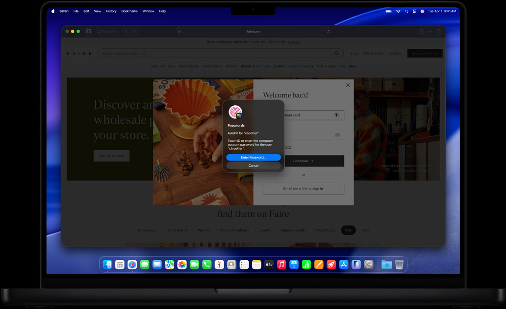 While browsing in Safari, a user is prompted to use Touch ID to sign in to a website