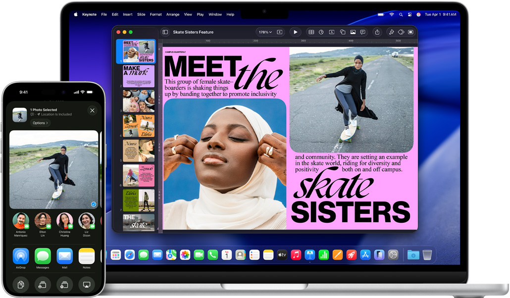 Un iPhone 16 Plus con la app Fotos abierta, un MacBook Air de 13 pulgadas con una diapositiva de Keynote abierta, la misma foto que está en el iPhone aparece en la diapositiva