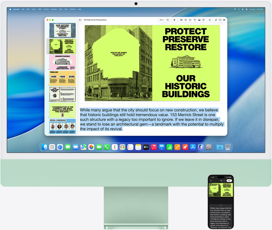 Un iMac y un iPhone 16 Plus, la app Keynote abierta en la iMac, la diapositiva y las notas aparecen en el iPhone